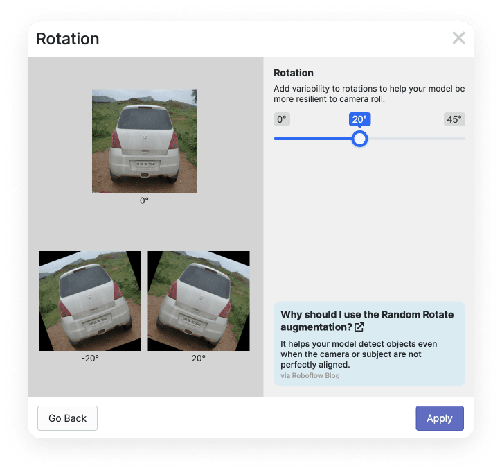 We're adding an augmentation that rotates by plus 20 and minus 20 degree values, the original image of the car is on top, below we see two images of the same car, skewed in the appropriate direction.