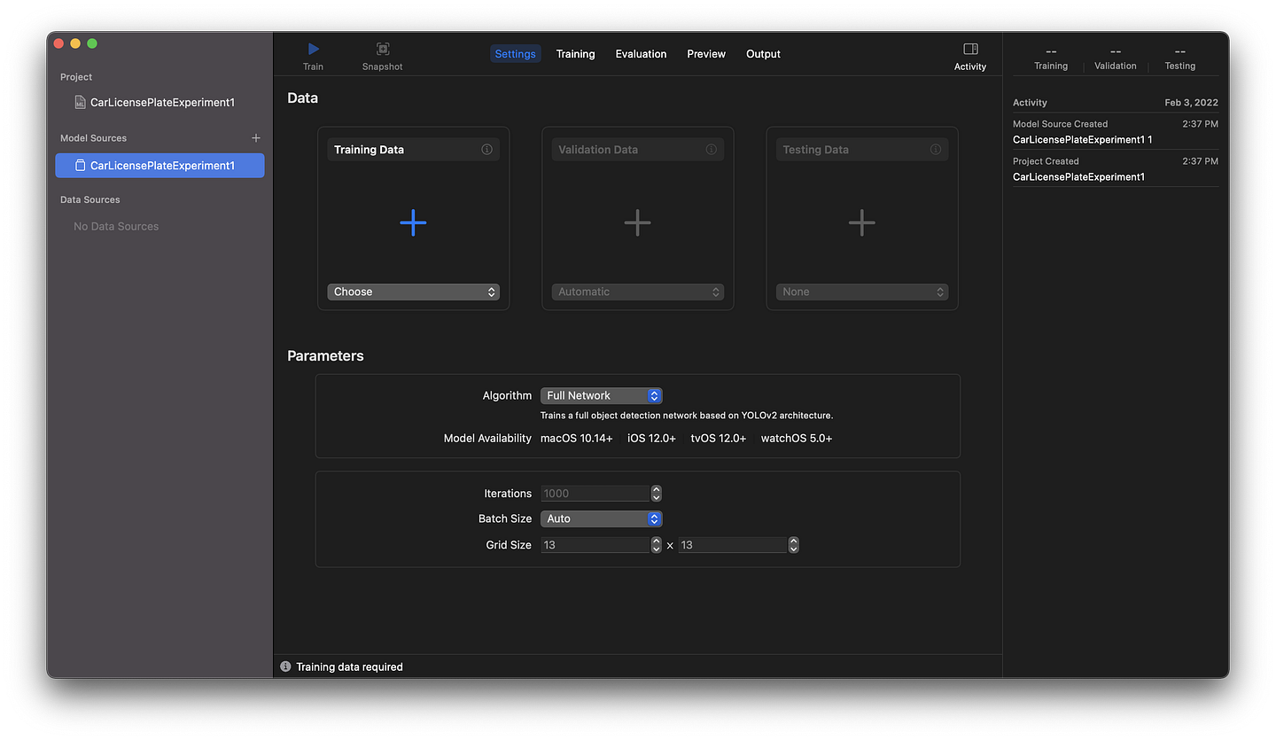 The Create ML menu allows us to add three dataset types and to set some custom parameters before training the model