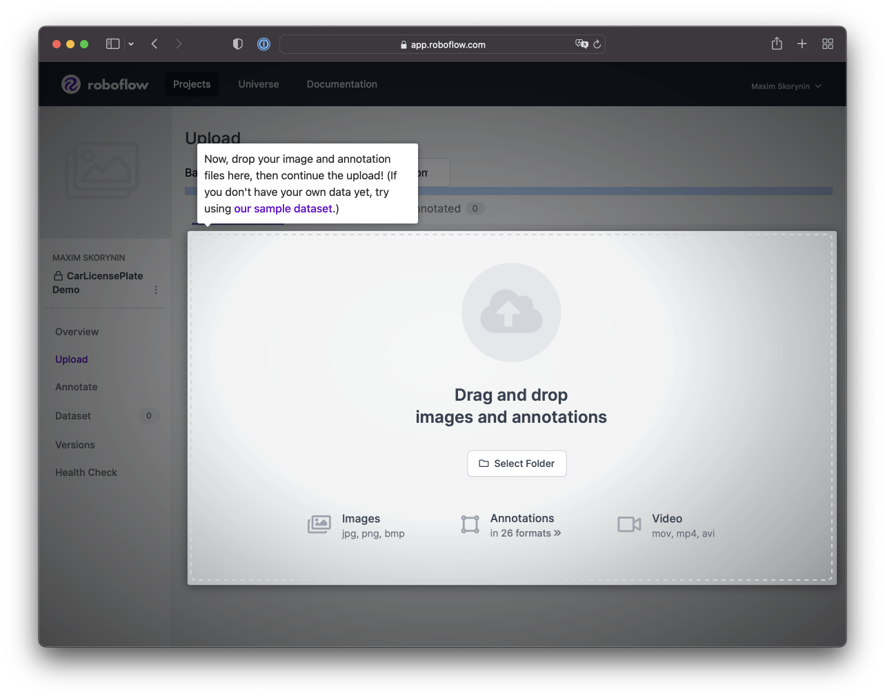 The roboflow upload page allows us to select files, or to drag and drop them